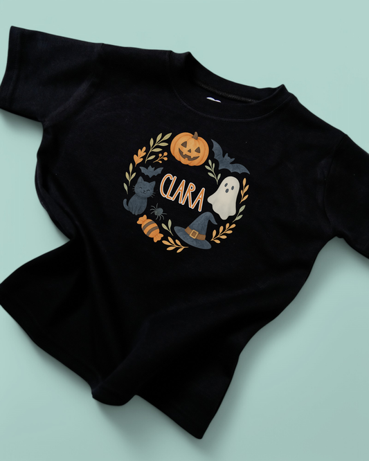 Happy Halloween Wreath Name Personalised Cotton T-Shirt