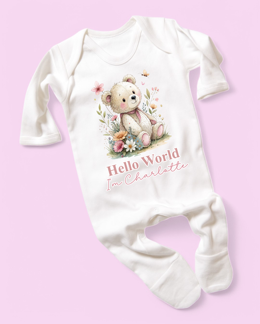 Hello World Teddy Girls Newborn Personalised Rompersuit Sleepsuit