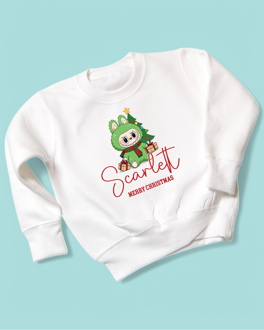 Labubu Christmas Tree Personalised Kids Christmas Sweatshirt
