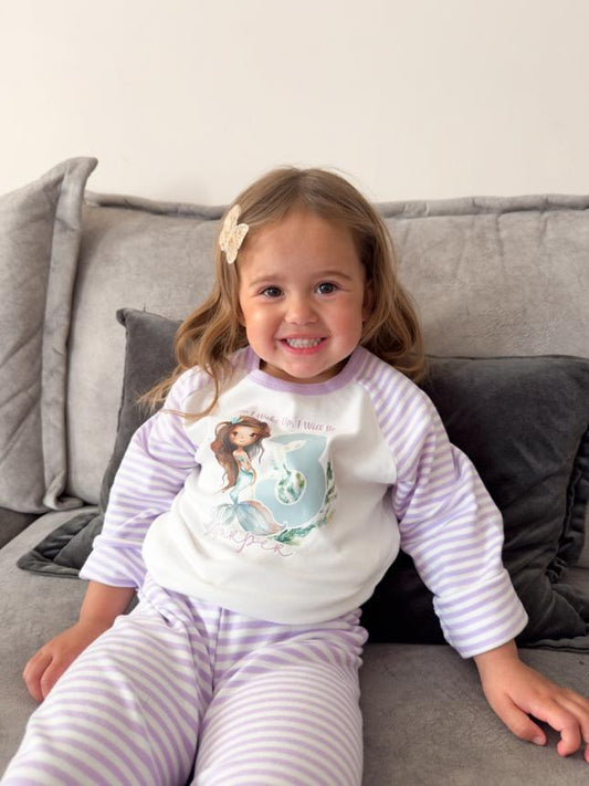 When I Wake Mermaid Birthday Age Personalised Purple Stripe Pyjamas