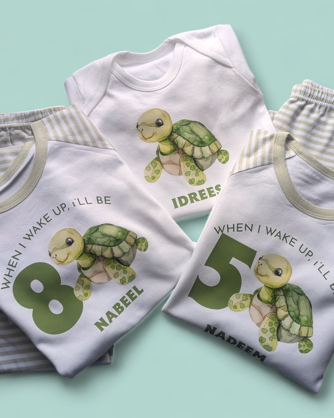 When I Wake Up Turtle Age Birthday Personalised Sage Stripe Pyjamas