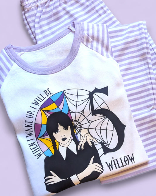 When I Wake Up Wednesday Birthday PJs, Addams Family Personalised Purple Stripe Pyjamas