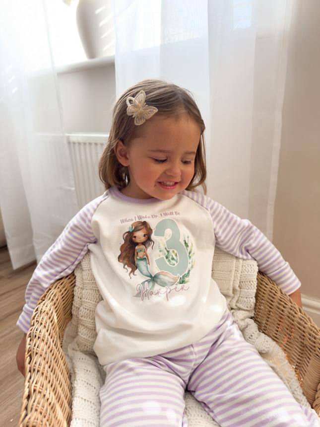 When I Wake Mermaid Birthday Age Personalised Purple Stripe Pyjamas