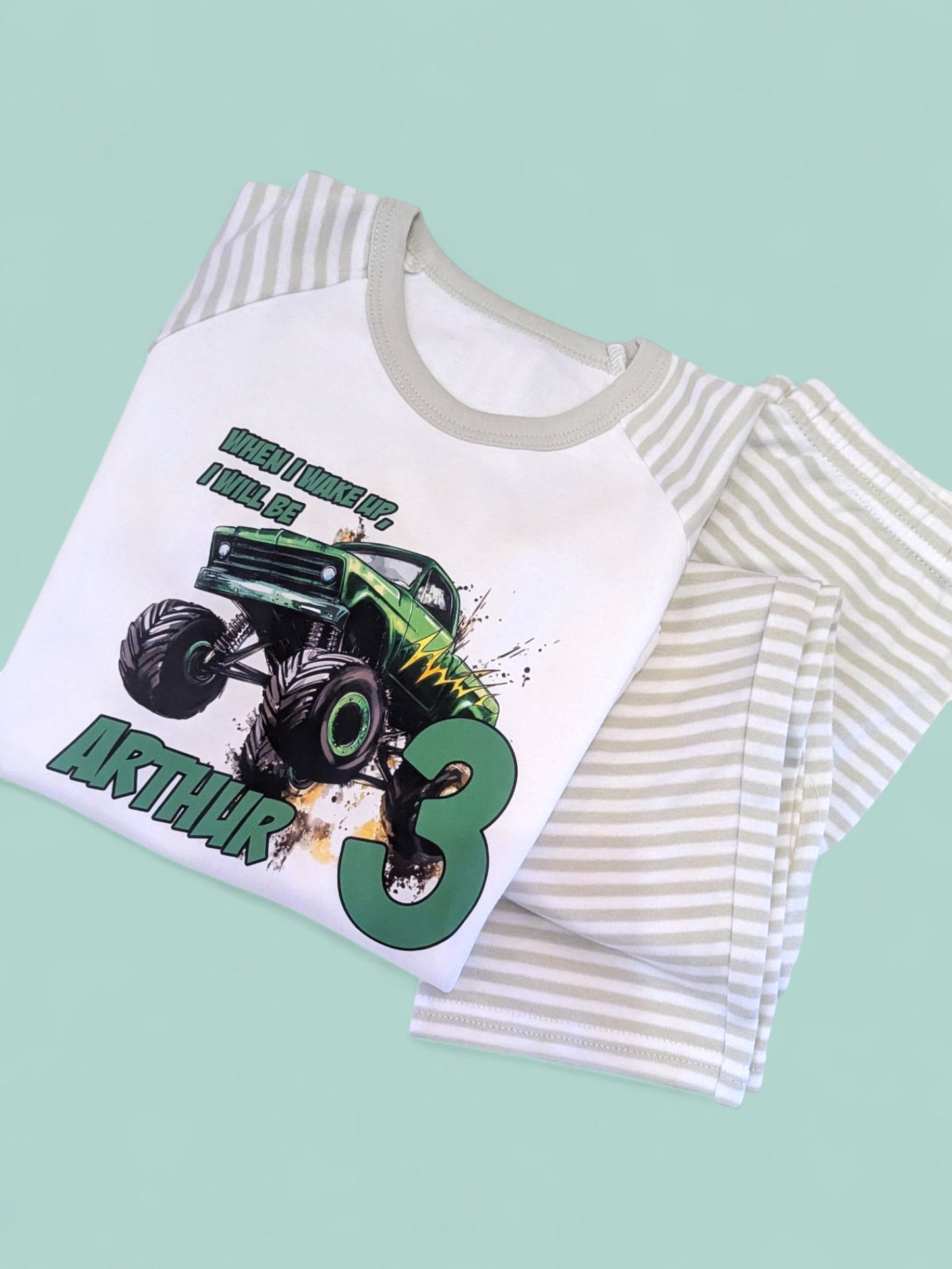 When I wake Green Monster Truck Birthday Personalised Sage Stripe Pyjamas