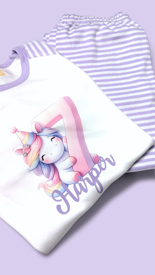 Unicorn Birthday Age Personalised Purple Stripe Pyjamas