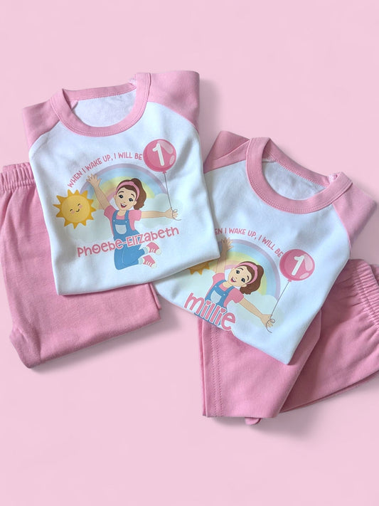 When I Wake Up Ms Rachel Rainbow Birthday Personalised Pink Pyjamas, Ms Rachel Birthday PJs