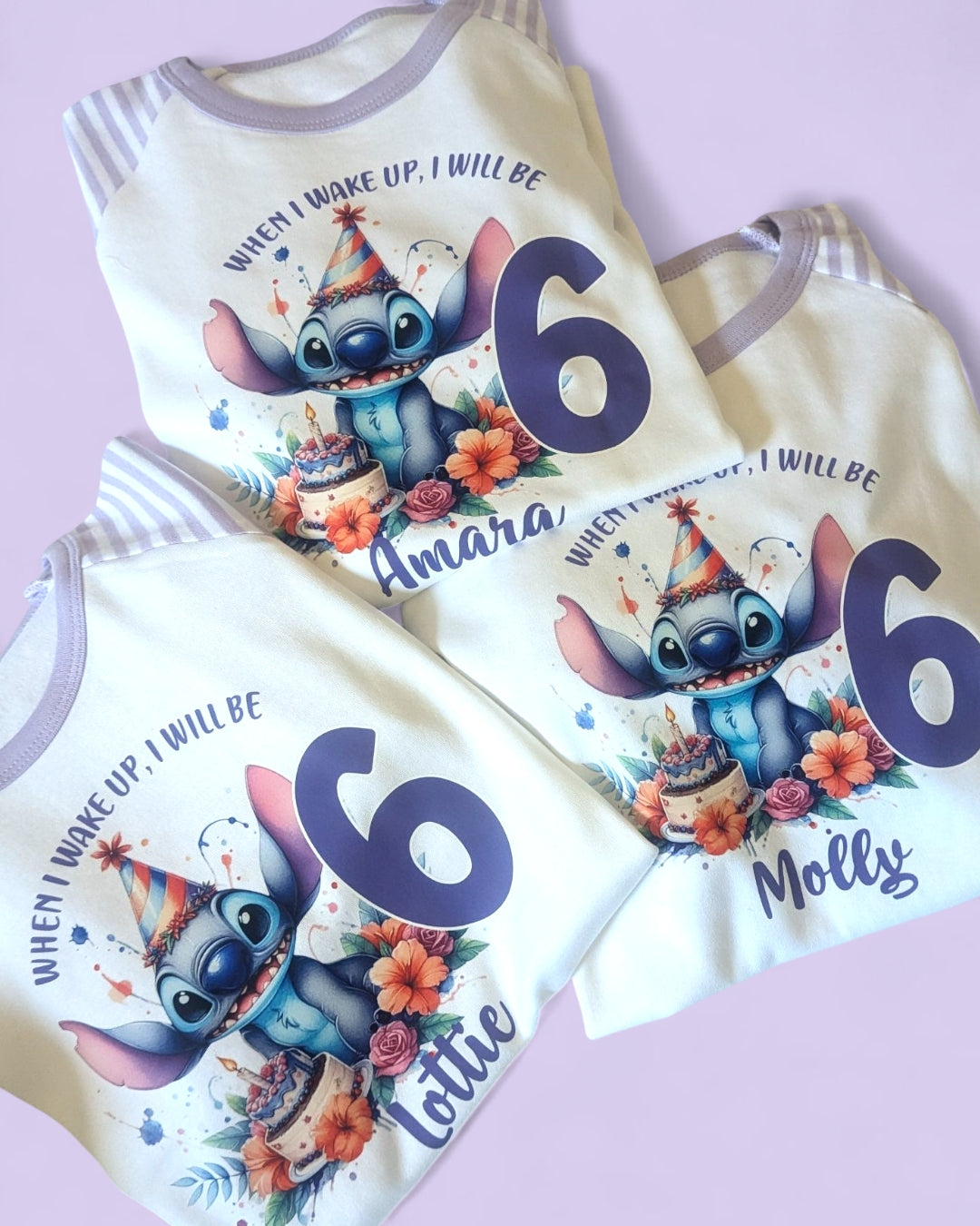 Stitch Birthday PJs, When I Wake Up Stitch Birthday Age Personalised Purple Stripe Pyjamas