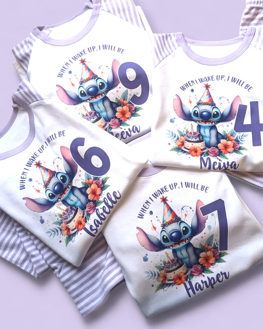 Stitch Birthday PJs, When I Wake Up Stitch Birthday Age Personalised Purple Stripe Pyjamas