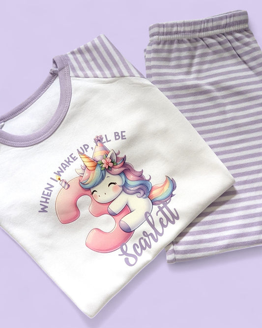 When I Wake Up Unicorn Birthday Age Personalised Purple Stripe Pyjamas