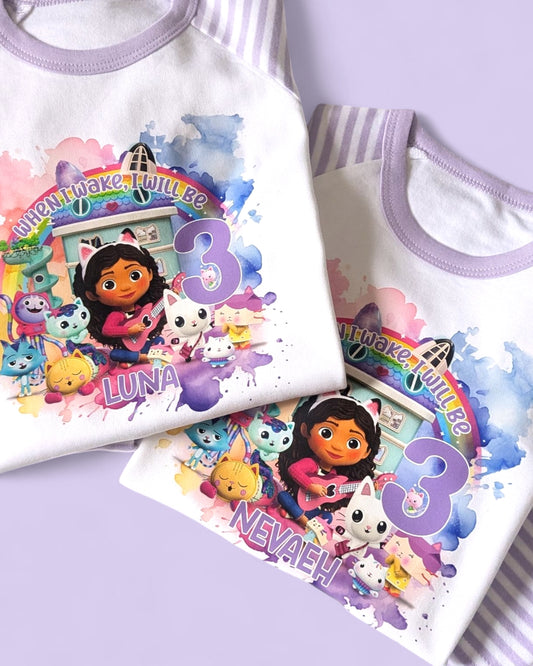 When I Wake Up Gabbys Dollhouse Birthday Personalised Purple Stripe Pyjamas, Gabby Personalised PJs