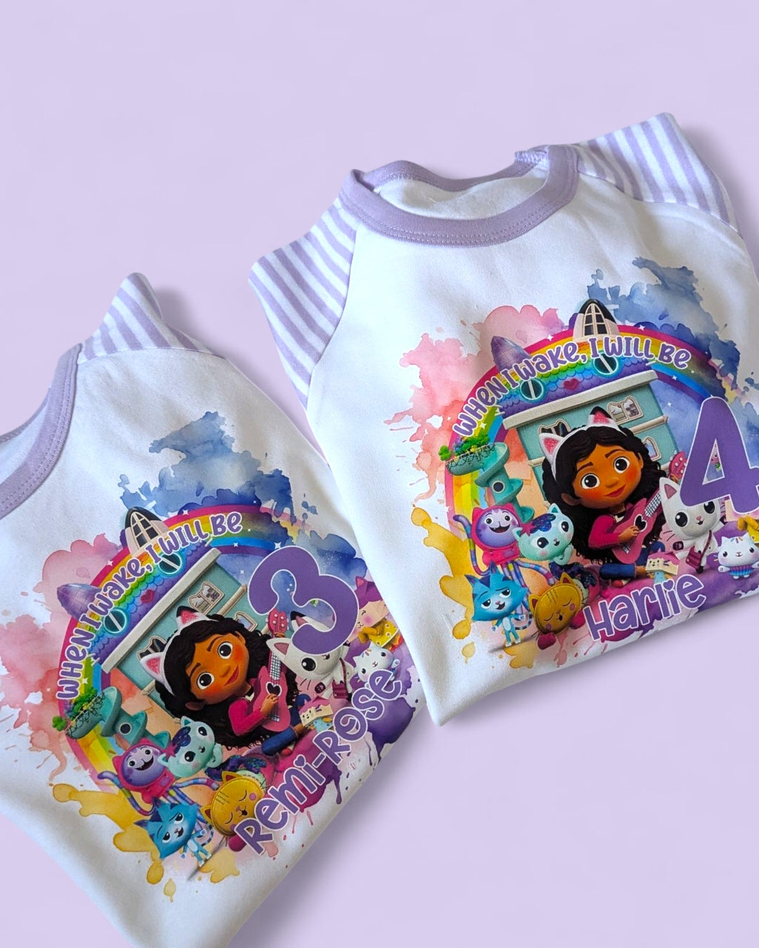 When I Wake Up Gabbys Dollhouse Birthday Personalised Purple Stripe Pyjamas, Gabby Personalised PJs