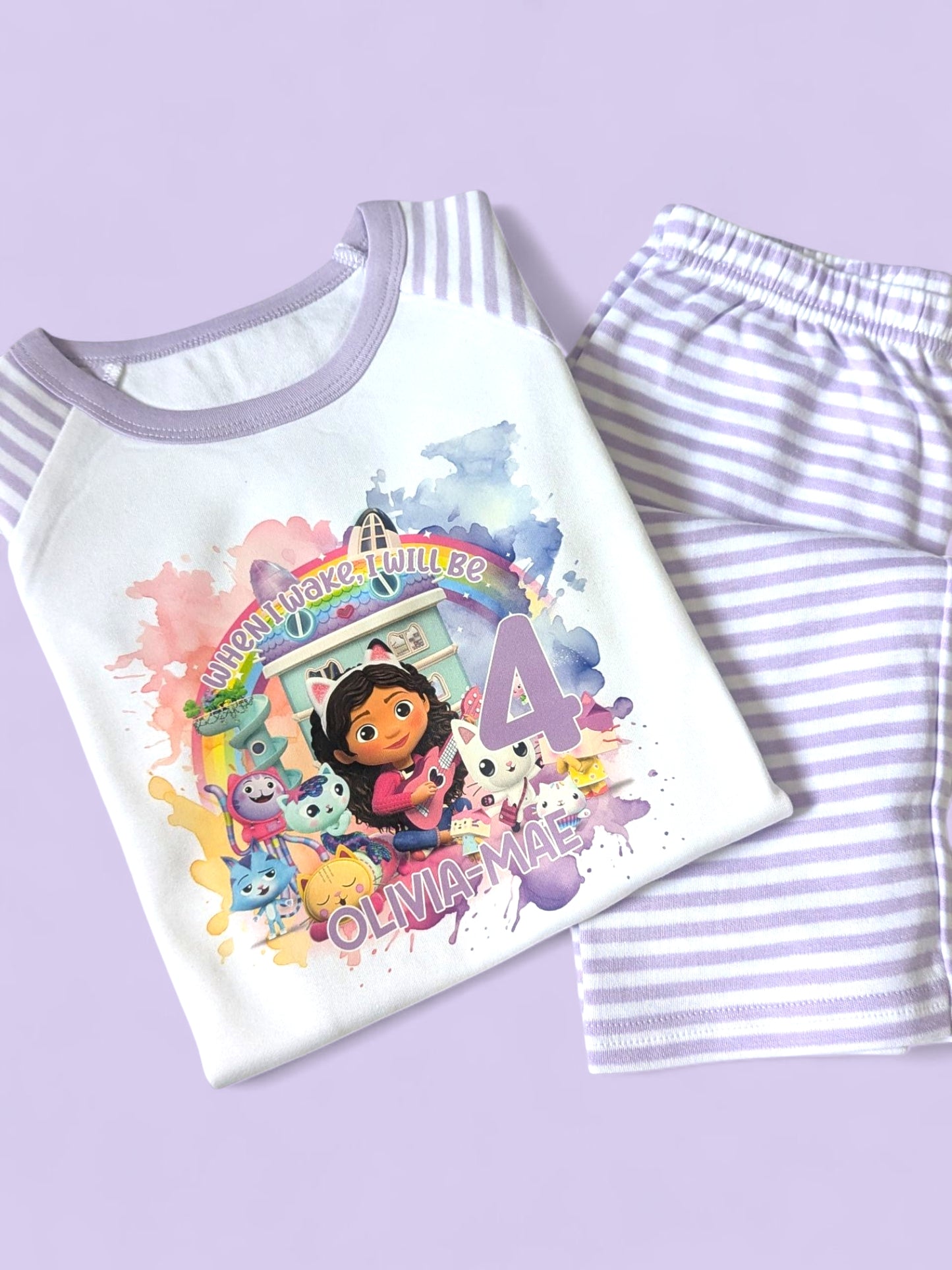 When I Wake Up Gabbys Dollhouse Birthday Personalised Purple Stripe Pyjamas, Gabby Personalised PJs