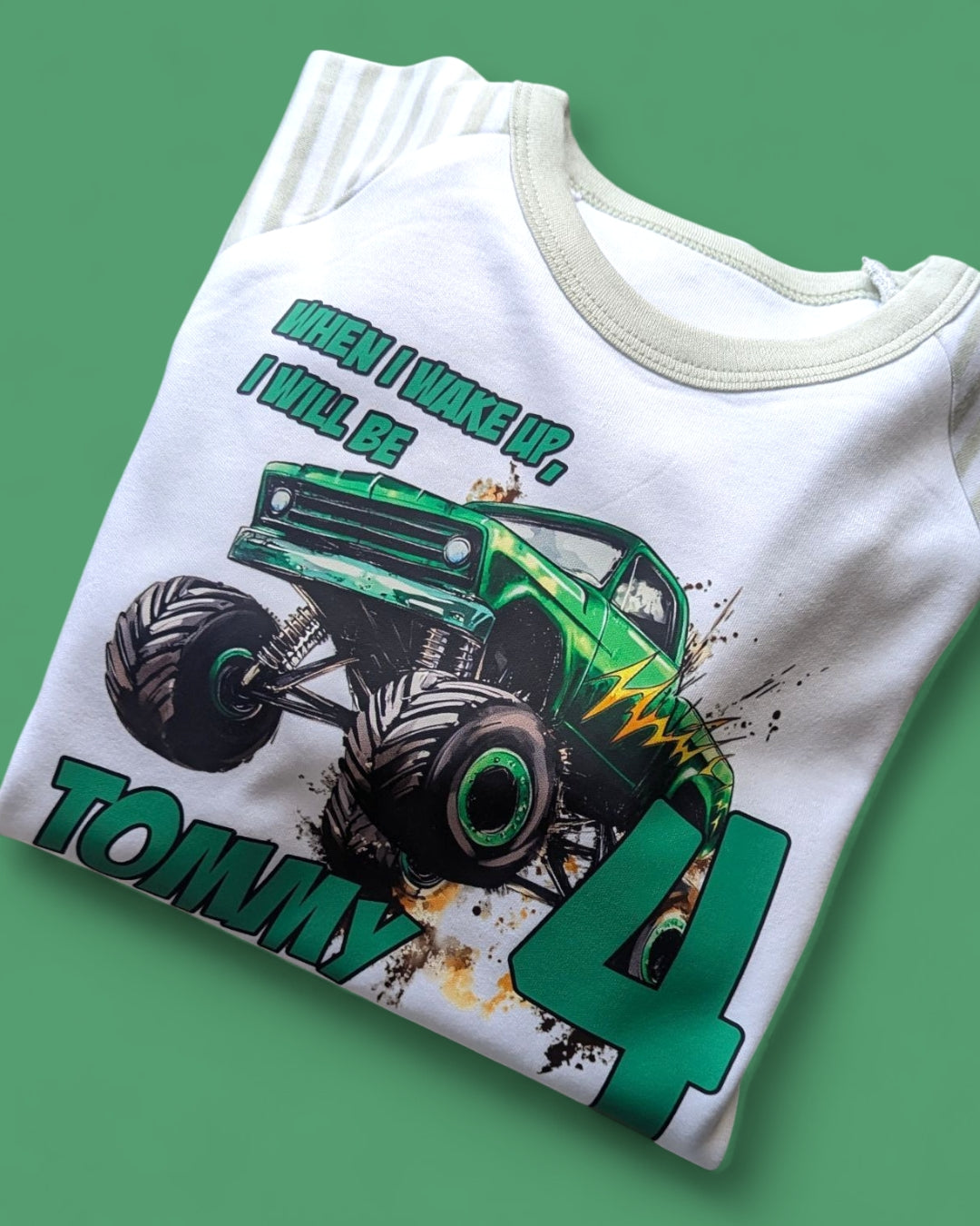 When I wake Green Monster Truck Birthday Personalised Sage Stripe Pyjamas
