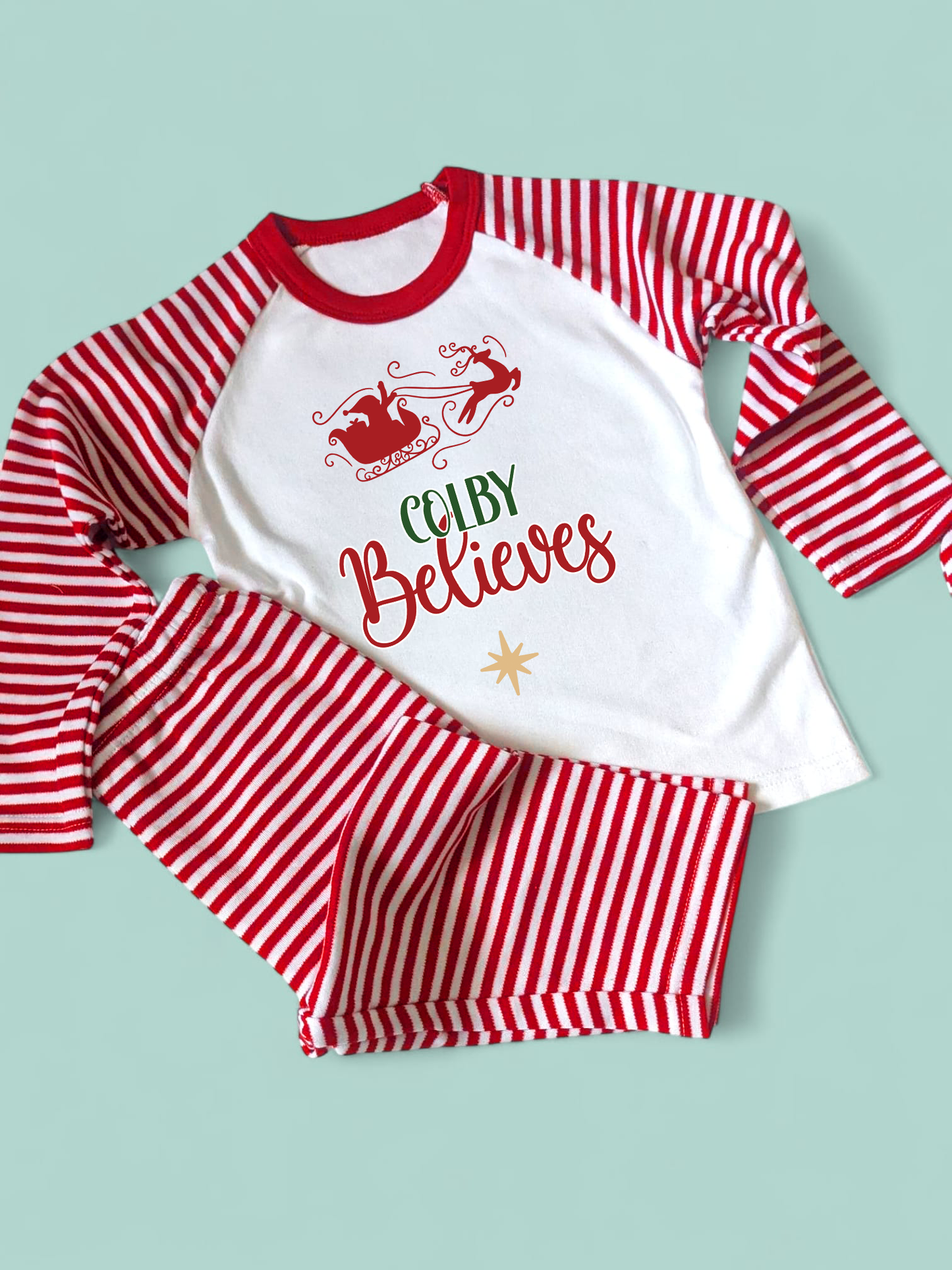 Sleigh Believes Personalised Christmas Family Matching Red Stripe PJs