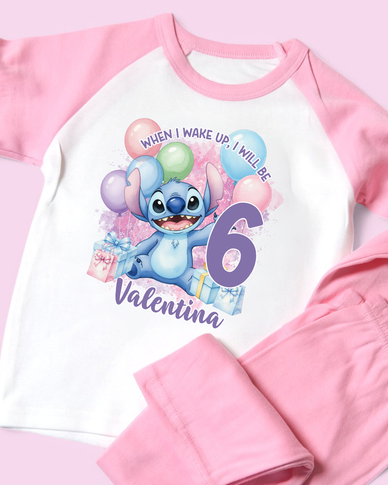 When I Wake Up Stitch Birthday PJS, Kids Personalised Birthday Pyjamas
