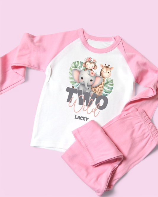 Two Wild Safari Animals Pink Birthday Personalised Pink Pyjamas