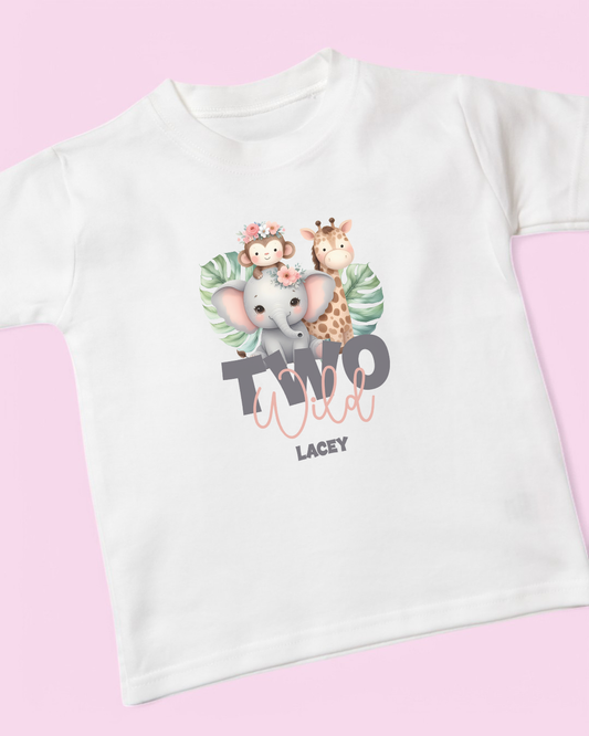 Two Wild Pink Safari Birthday Personalised Cotton T-Shirt