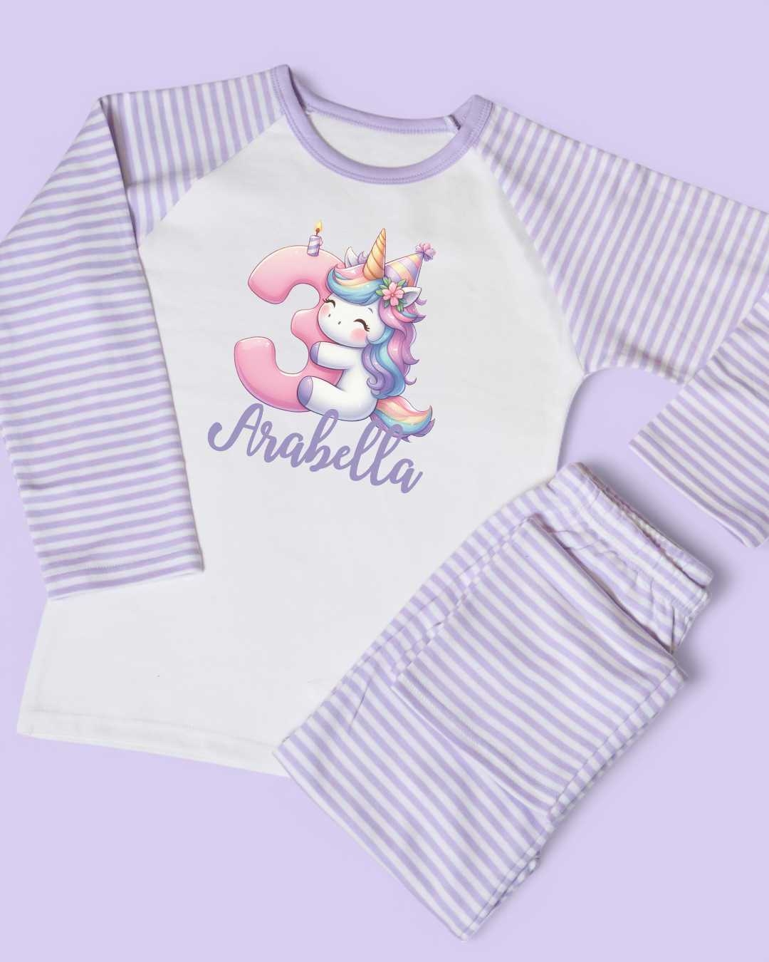 Unicorn Birthday Age Personalised Purple Stripe Pyjamas