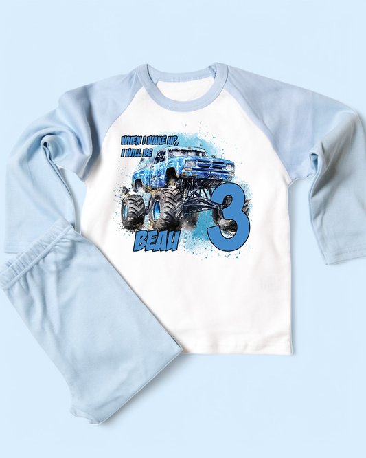When I Wake Up Blue Monster Truck Birthday Blue Pyjamas