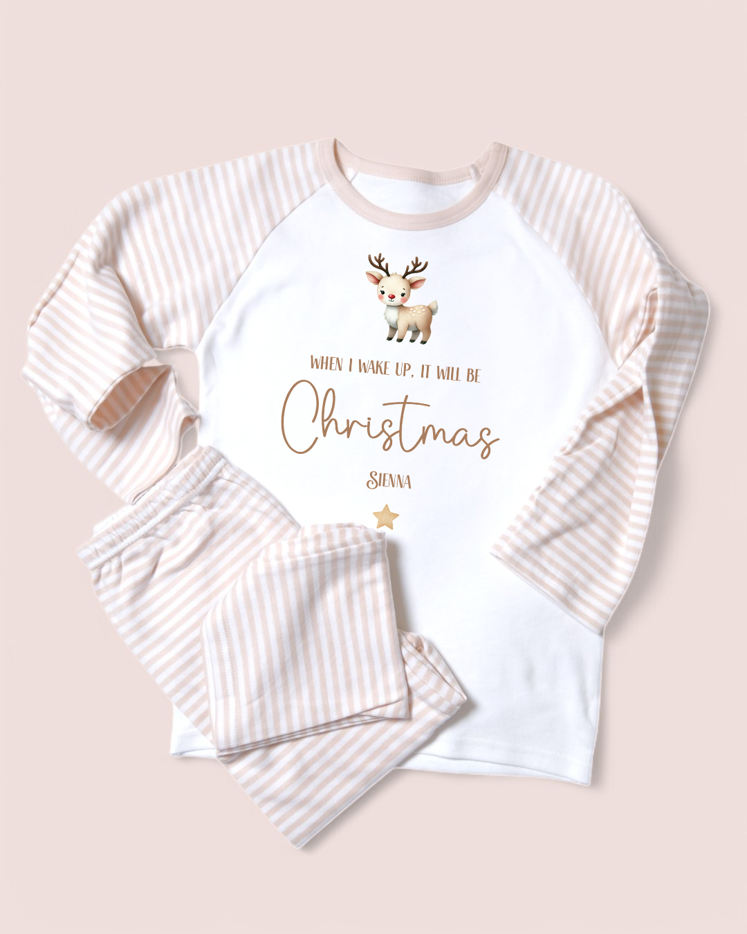 When I wake Up Christmas Reindeer Personalised Christmas Natural Stripe PJs