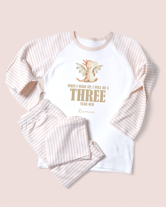 When I Wake King Dragon Birthday Personalised Natural Stripe Pyjamas