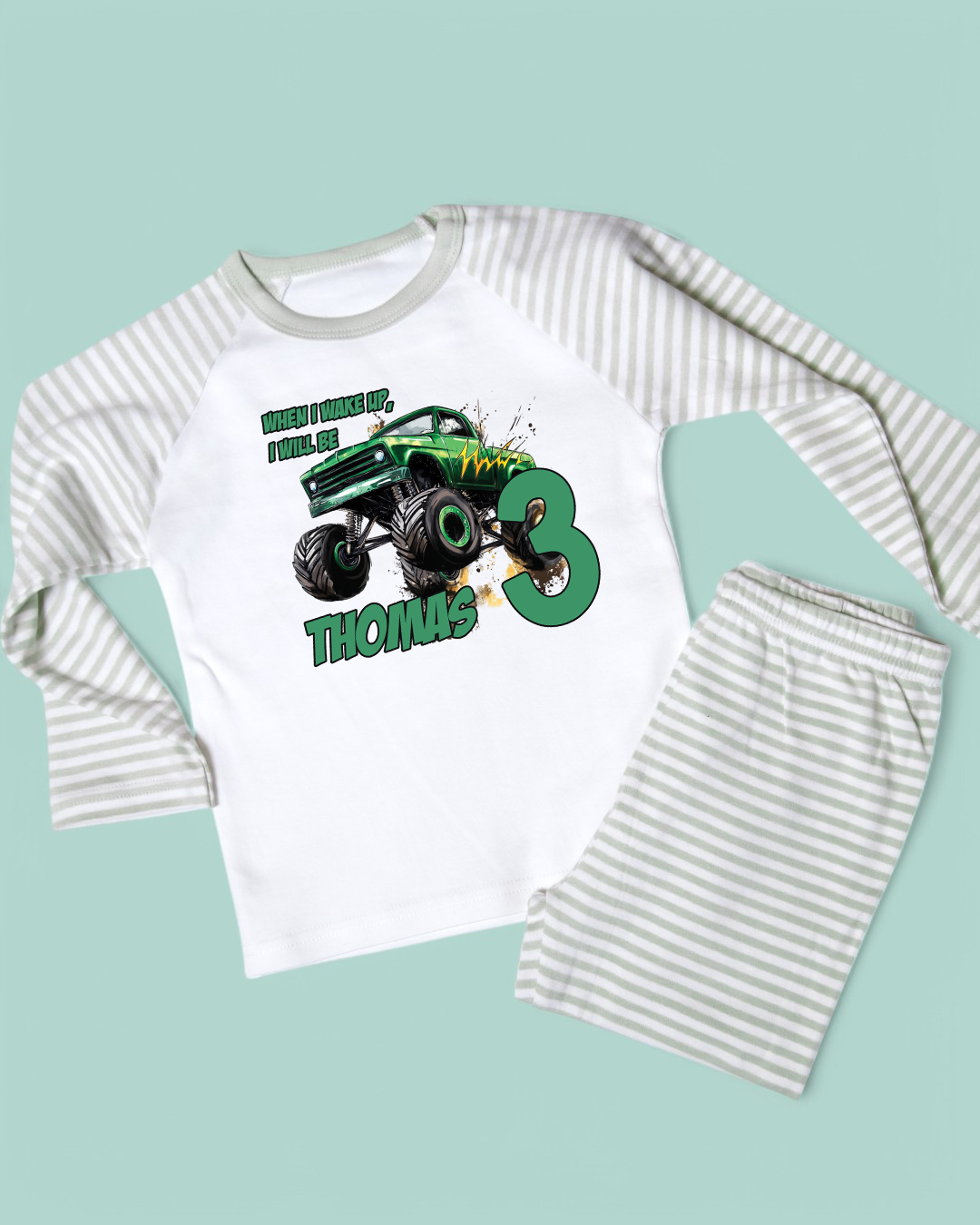 When I wake Green Monster Truck Birthday Personalised Sage Stripe Pyjamas