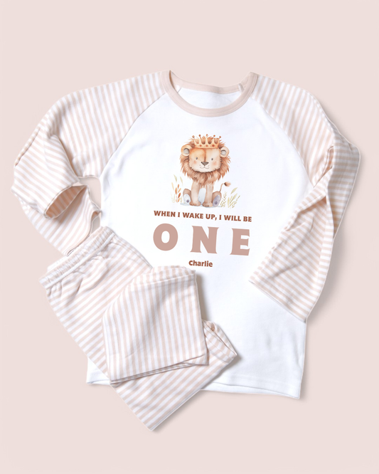 When I Wake King Lion Birthday Personalised Natural Stripe Pyjamas