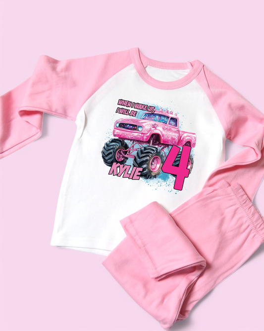 When I Wake Up Pink Monster Truck Birthday Personalised Pink Pyjamas