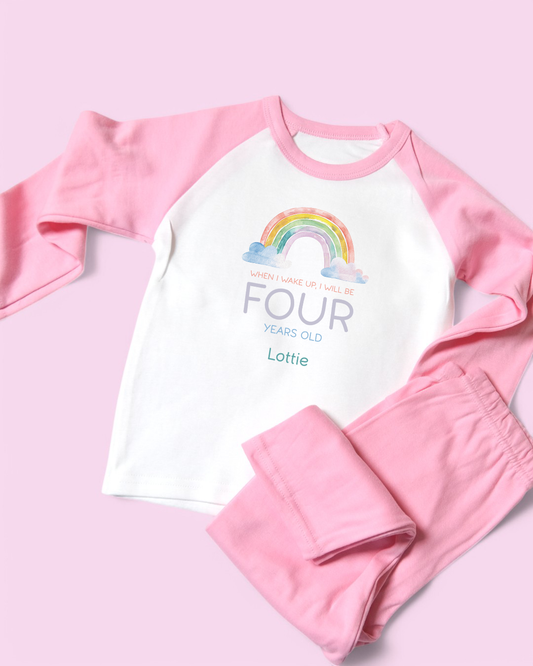 When I Wake Rainbow Birthday Personalised Pink Pyjamas