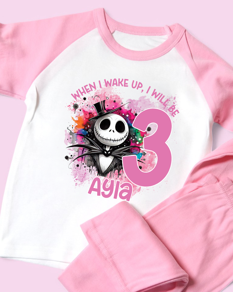 When I Wake Up Jack Skellington Pink Birthday PJS, Kids Personalised Birthday Pyjamas