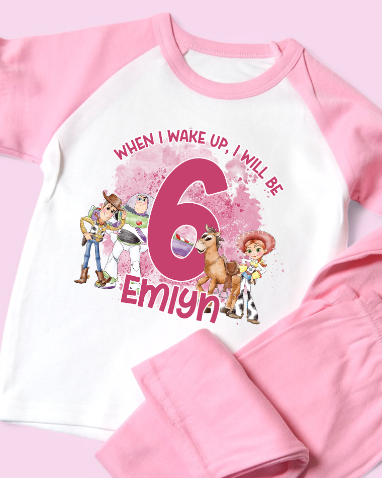When I Wake Up Toy Story Pink Birthday PJS, Kids Personalised Birthday Pyjamas