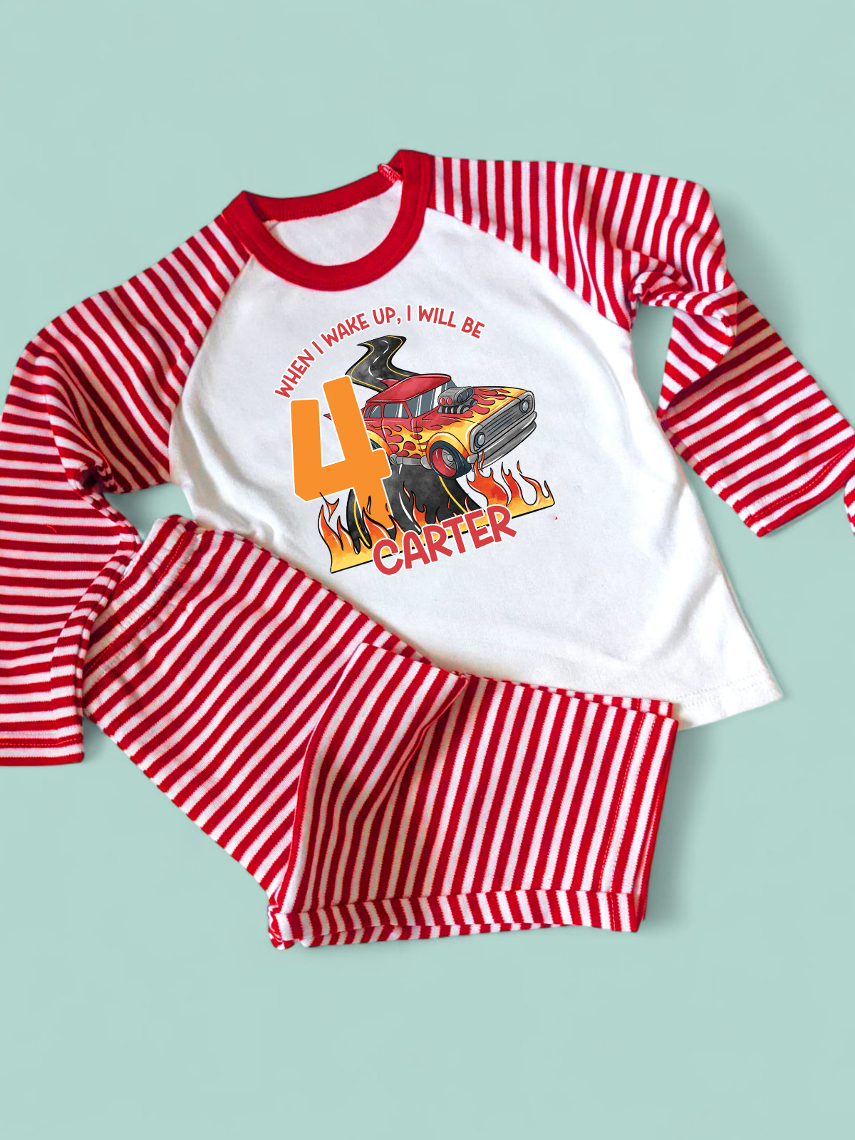 Hot Wheels Birthday Pyjamas, Personalised Birthday Stripe Pyjamas