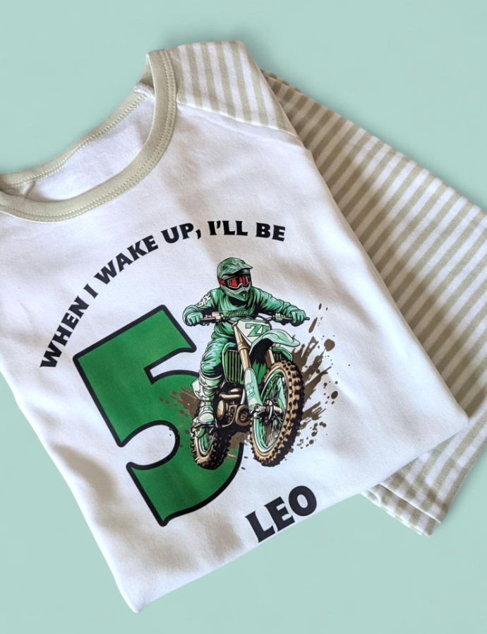 When I Wake Green Motocross Birthday Pjs Personalised Sage Stripe Pyjamas