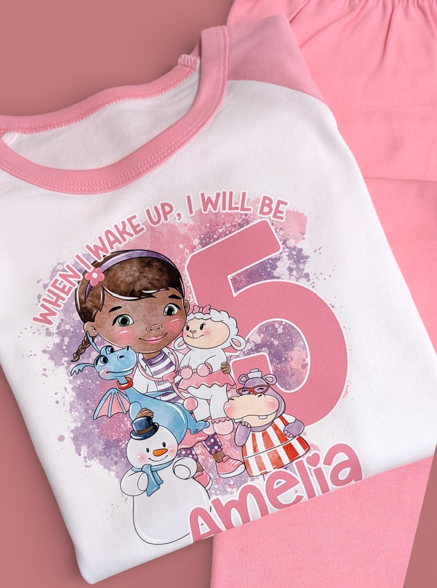 When I Wake Up Doc McStuffins Birthday PJS, Kids Personalised Birthday Pyjamas