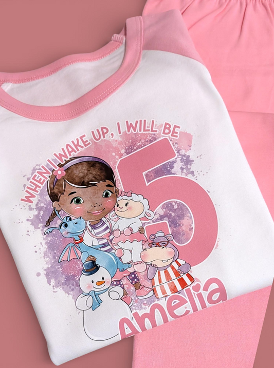 When I Wake Up Doc McStuffins Birthday PJS, Kids Personalised Birthday Pyjamas