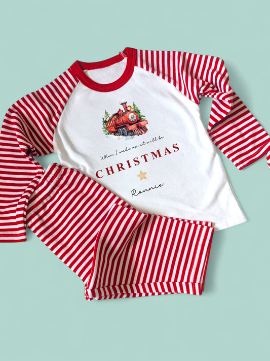 When I Wake Christmas Train Personalised Christmas Red Stripe PJs
