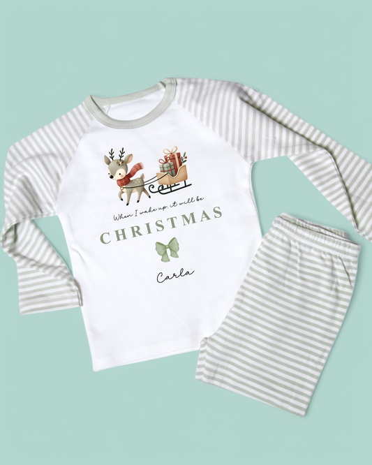 When I Wake Christmas Green Reindeer Personalised Sage Stripe Pyjamas