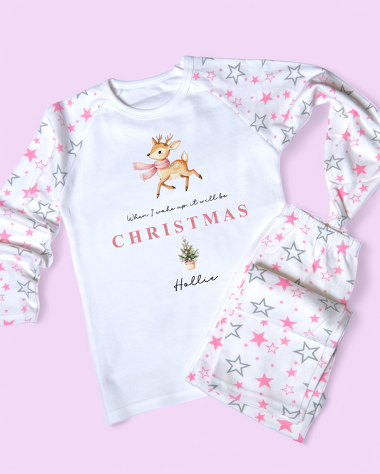 When I Wake Up Christmas Pink Reindeer Personalised Pink Pyjamas