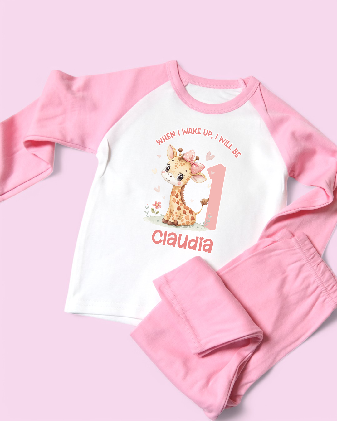 When I Wake Up Giraffe Birthday Pjs,  Personalised Pink Birthday Pyjamas