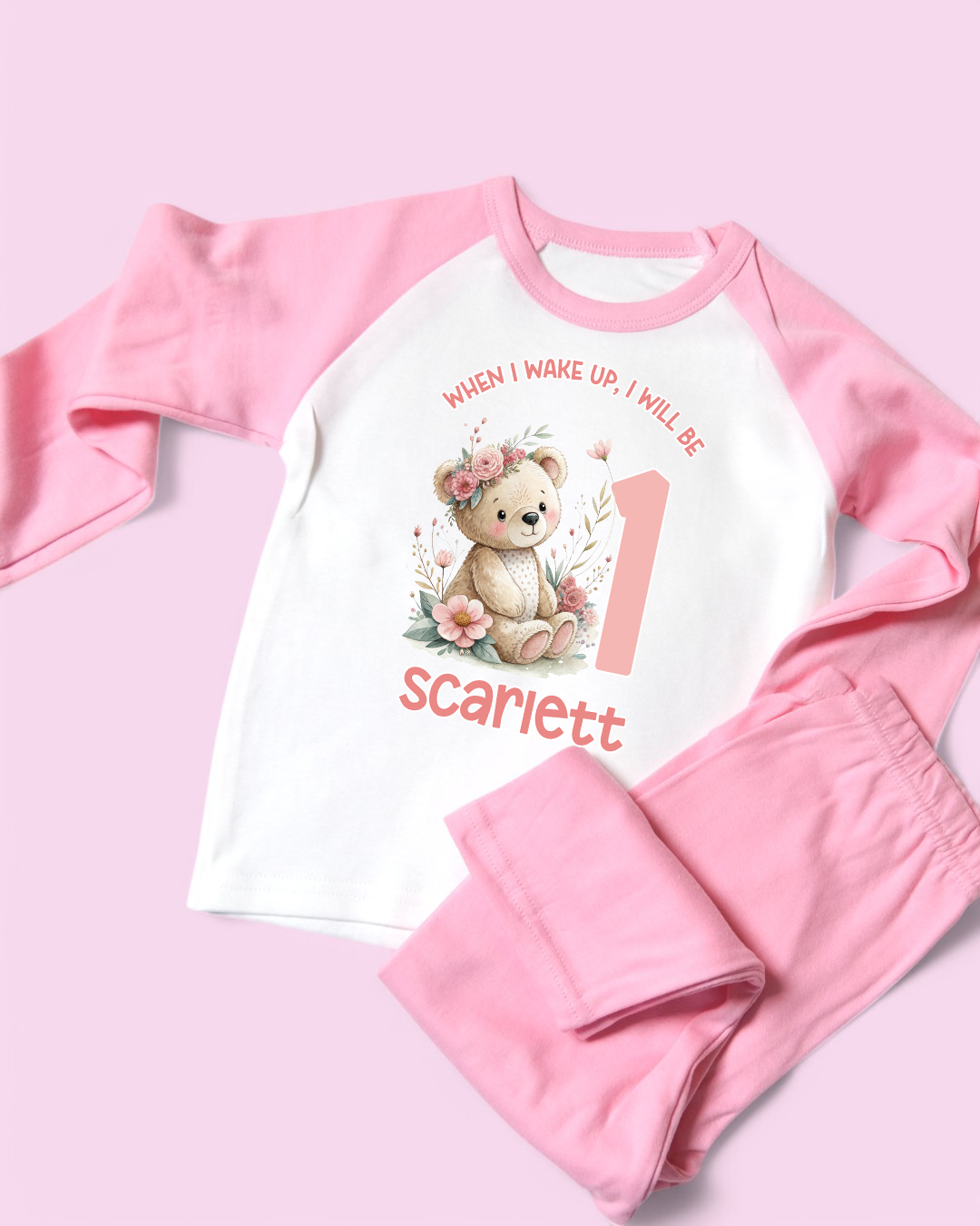 When I Wake Up Teddy Birthday Pjs,  Personalised Pink Birthday Pyjamas