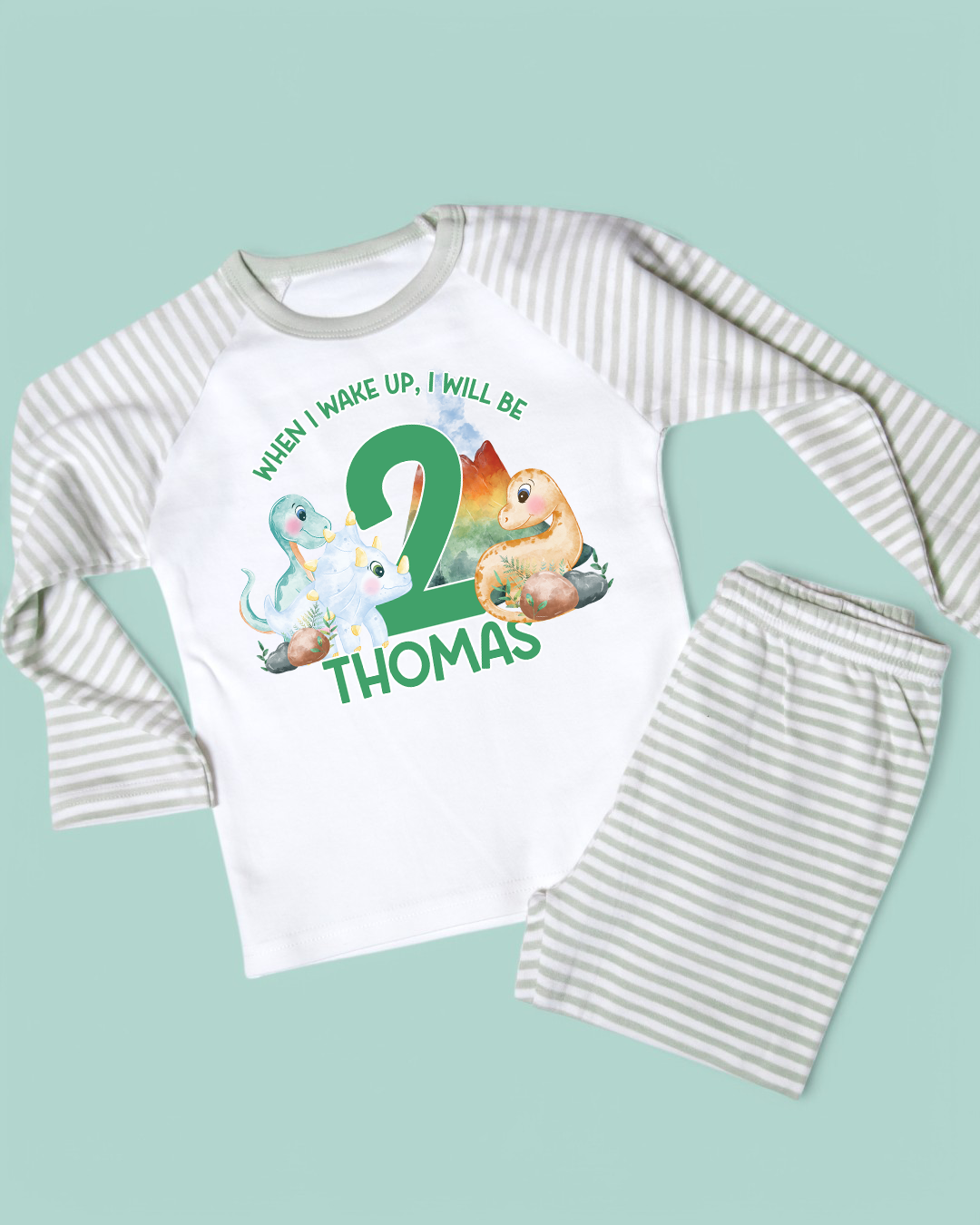 Dinosaur Birthday Pyjamas, When I wake Up Dinosaur Adventure Personalised Birthday Stripe Pyjamas