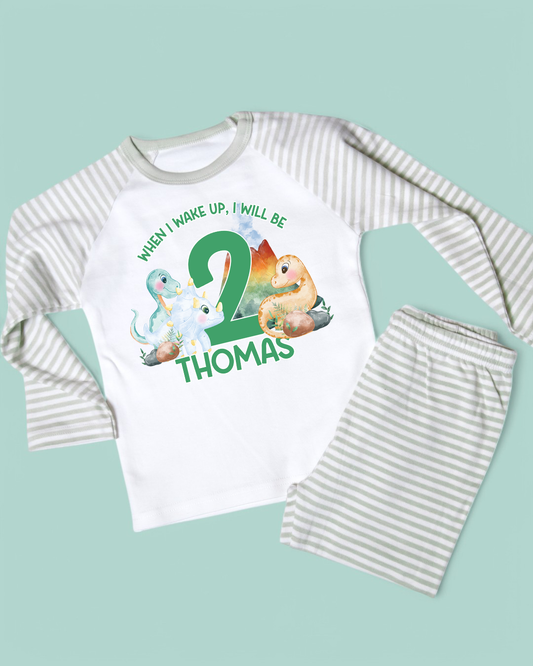 Dinosaur Birthday Pyjamas, When I wake Up Dinosaur Adventure Personalised Birthday Stripe Pyjamas