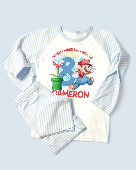 Super Mario Birthday Pyjamas, Personalised Birthday Stripe Pyjamas