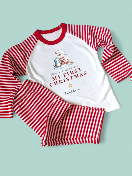When I Wake My First Christmas Teddy House Personalised Christmas Red Stripe PJs