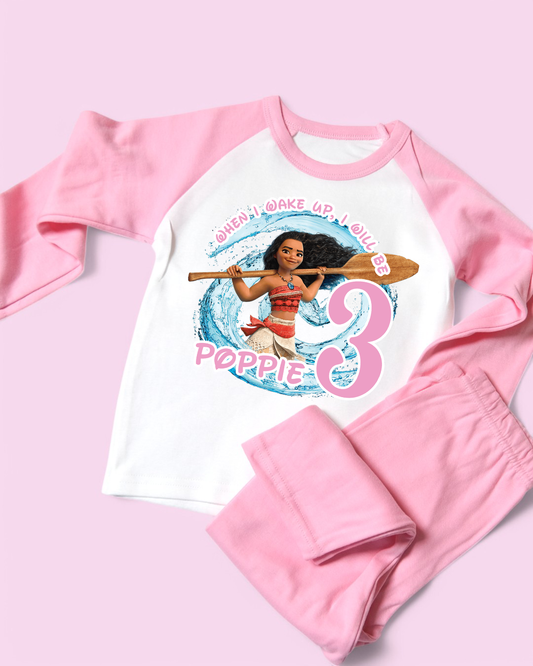 When I Wake Up Moana Birthday Pjs,  Personalised Pink Pyjamas
