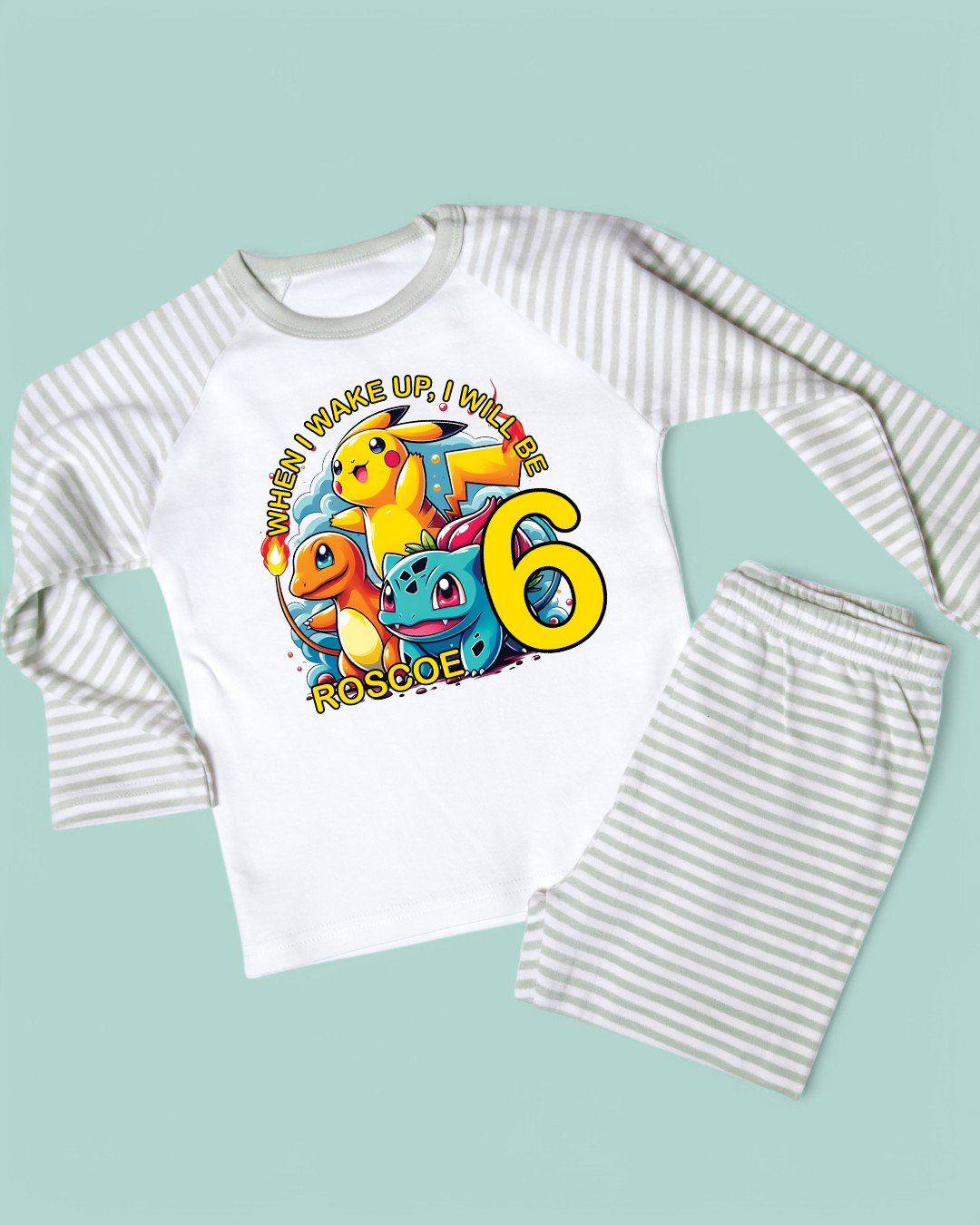 When I Wake Pokemon Birthday Pjs Personalised Sage Stripe Pyjamas