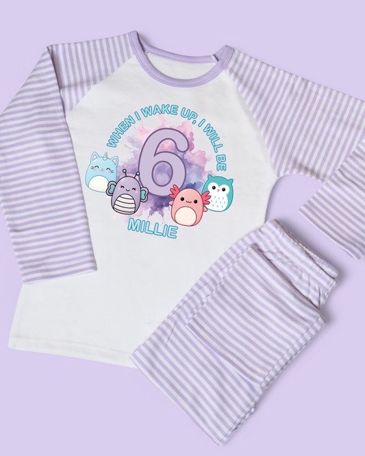 When I Wake Up Squishmallows Birthday Age Personalised Purple Stripe Pyjamas