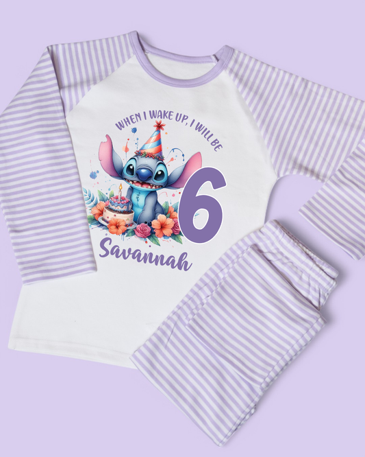 When I Wake Up Stitch Birthday Age Personalised Purple Stripe Pyjamas