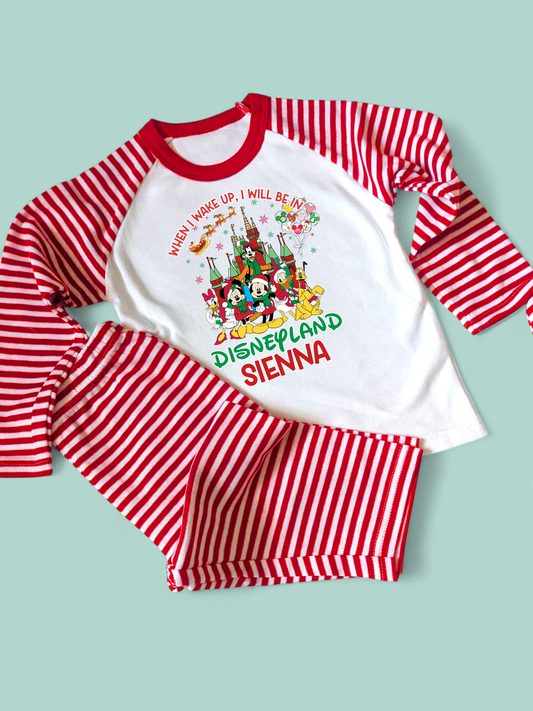 When I wake Up I'll Be In Disneyland Christmas Pyjamas, Christmas Pjs, Red Stripe PJs