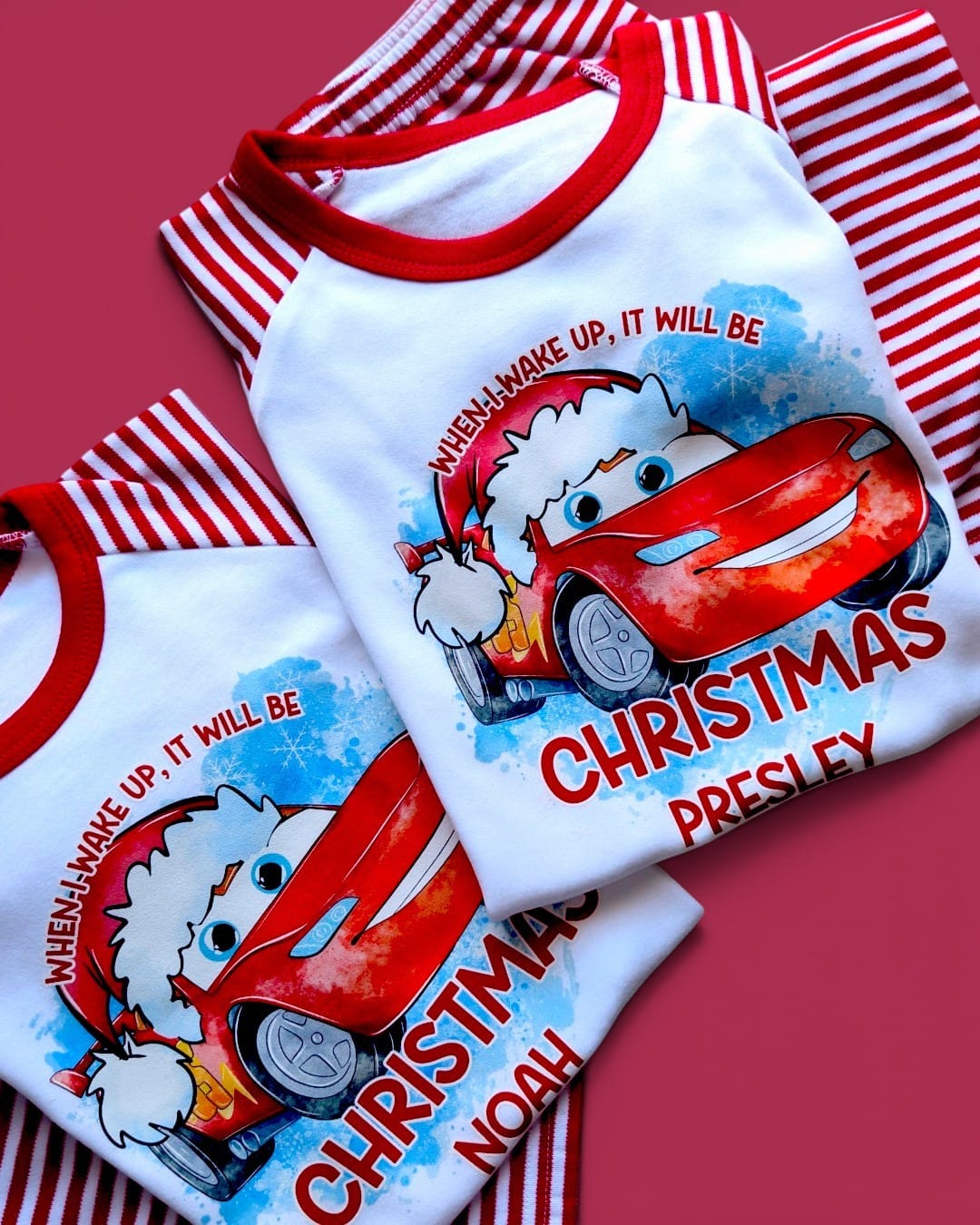 When I Wake It Will Be Christmas, Lightening McQueen Matching Red Stripe PJs